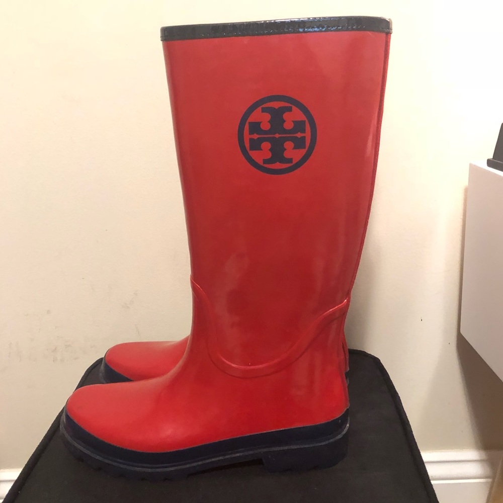 Tory Burch Red and Navy Rain Boots Size 9